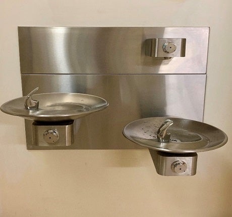 Some drinking fountains, like this one in the Factor Building, now have added bottle-filling capabilities.